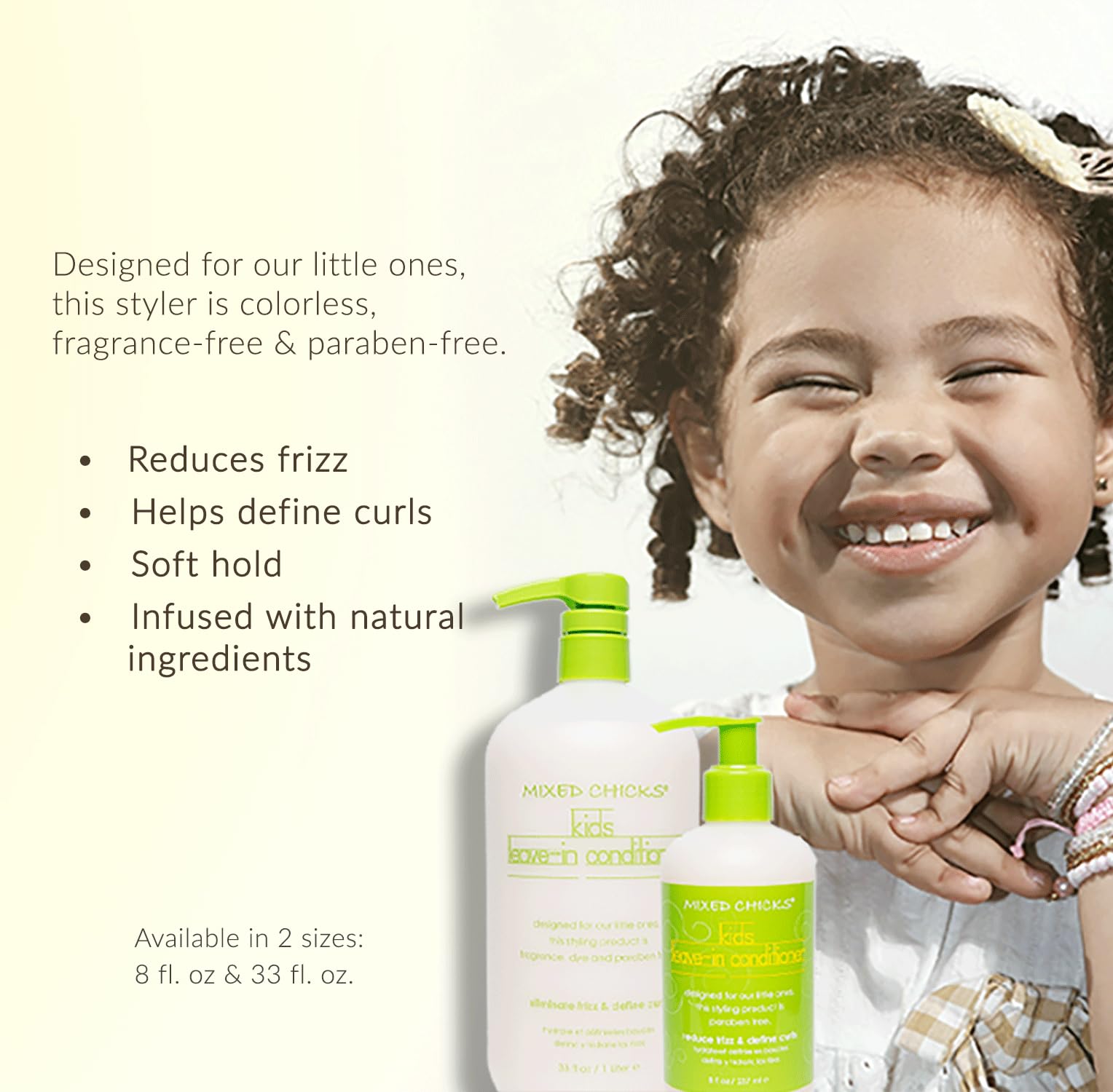 Mixed Chicks spray texture visible in air illustrating lightweight mist for detangling