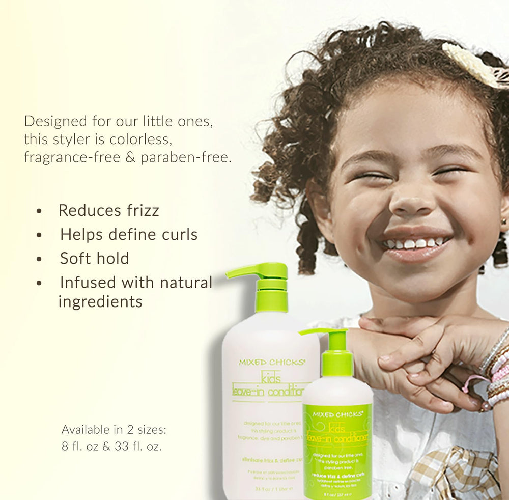 Mixed Chicks spray texture visible in air illustrating lightweight mist for detangling