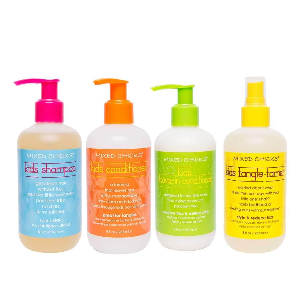 Mixed Chicks front packaging showing four kids hair bottles benefits