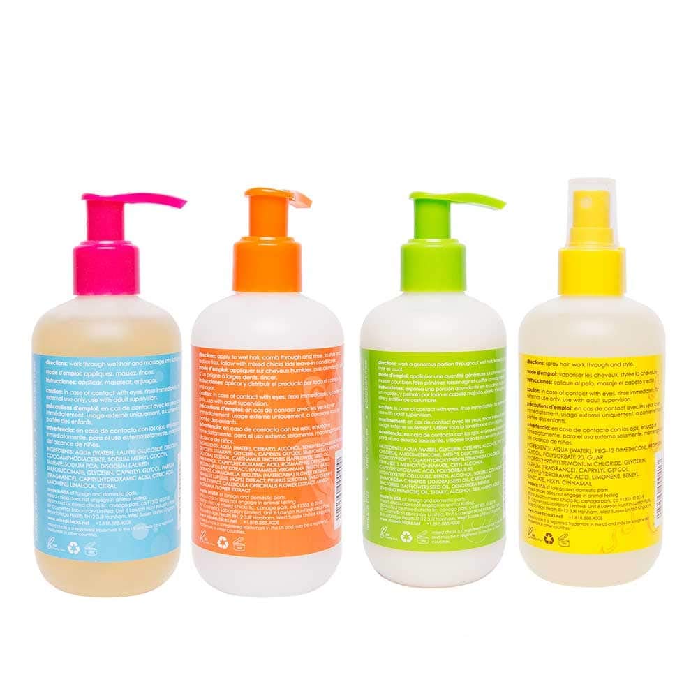 Mixed Chicks shampoo pouring and lather demonstrating gentle cleanse