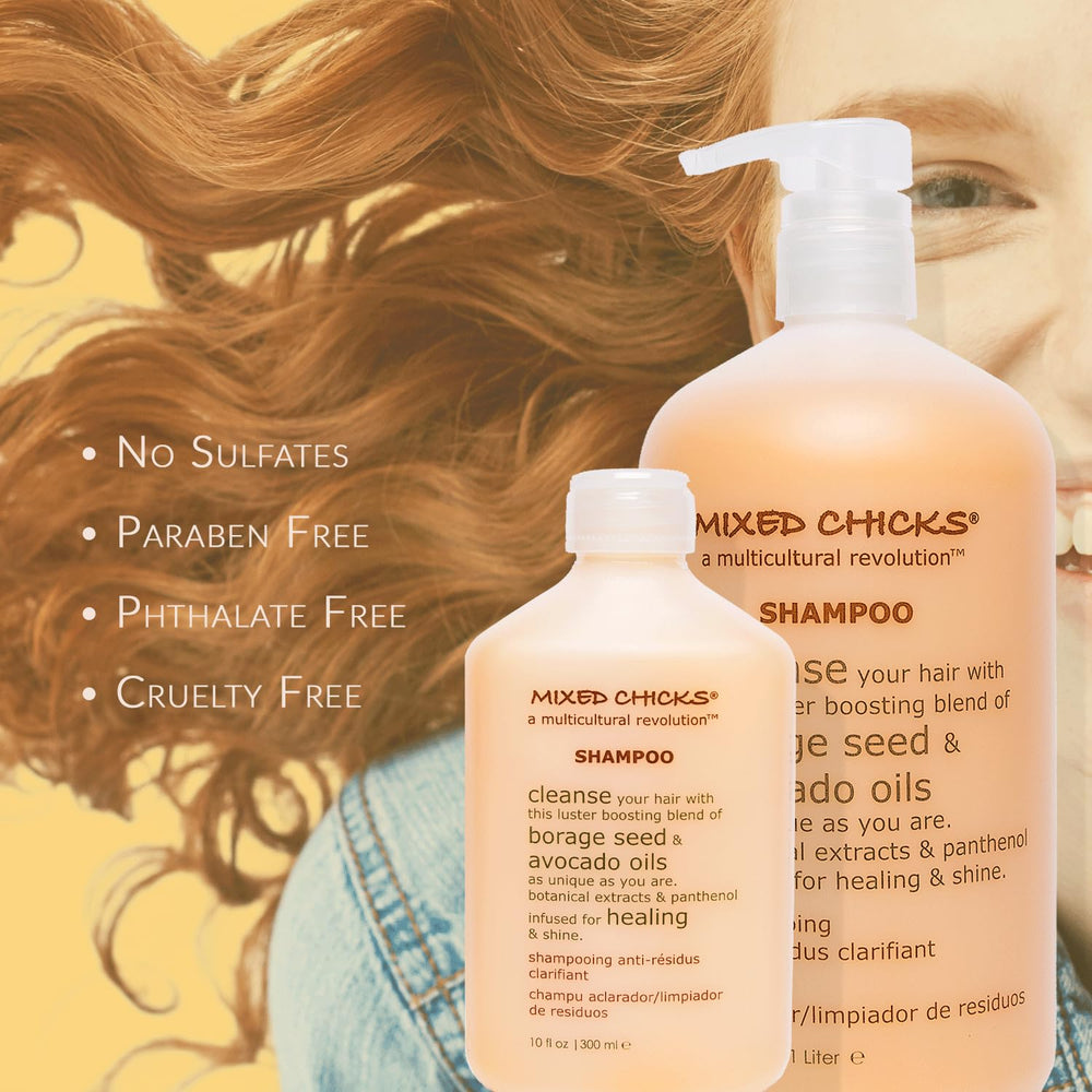Mixed Chicks shampoo being applied to curly hair to remove buildup