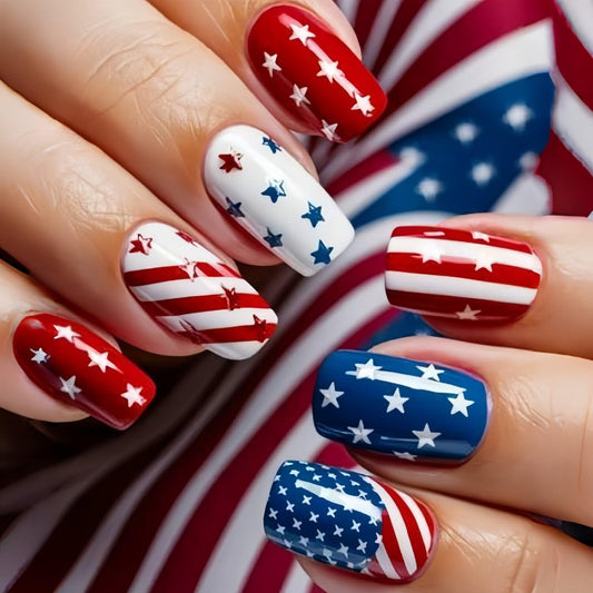 MIXFOSAHN front packaging showing patriotic press-on nails and tools for easy application
