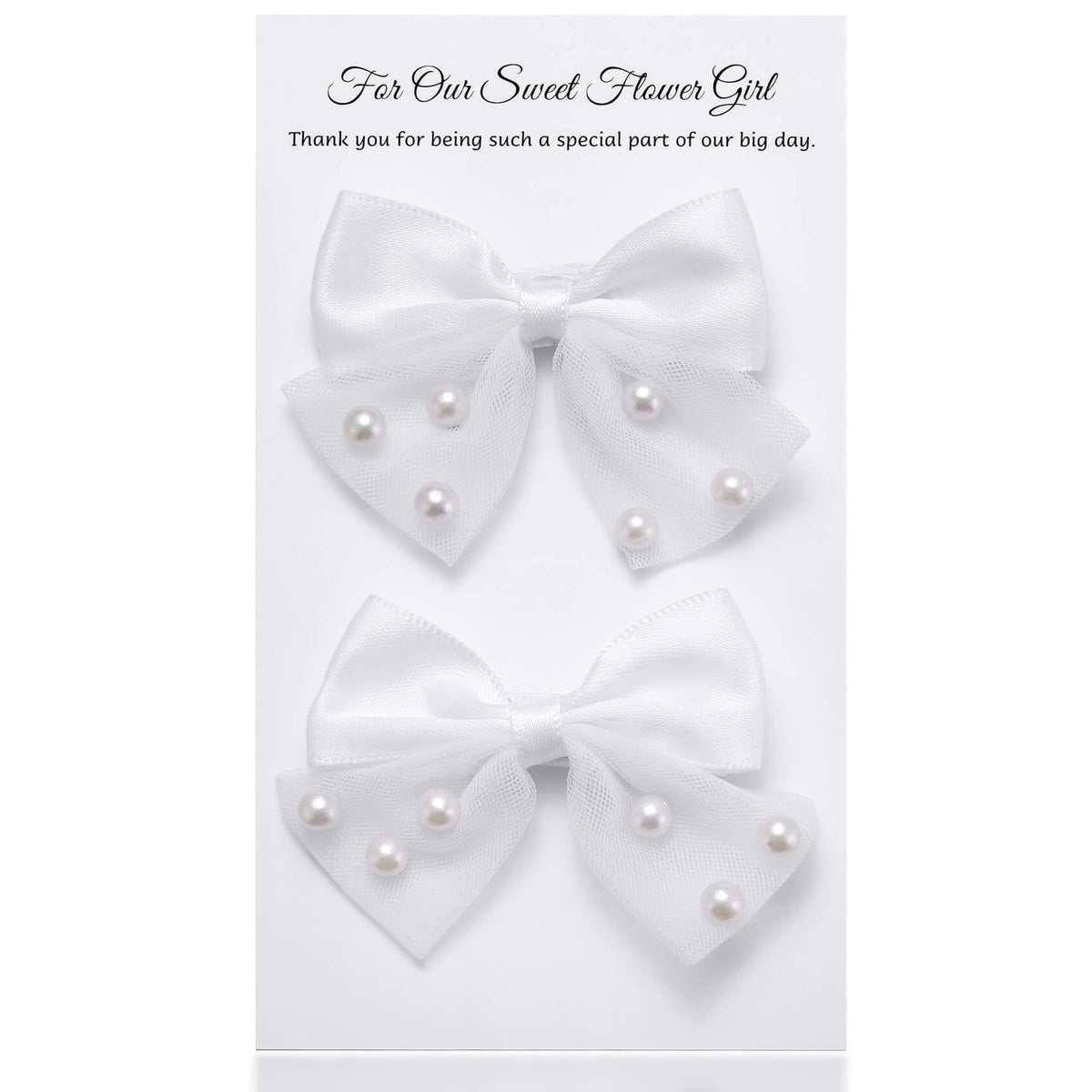MIXJOY front view of two white pearl bow clips, elegant gift ready