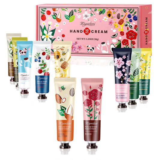 MIYUELENI front view of ten-pack hand cream set showing colorful tubes and scents