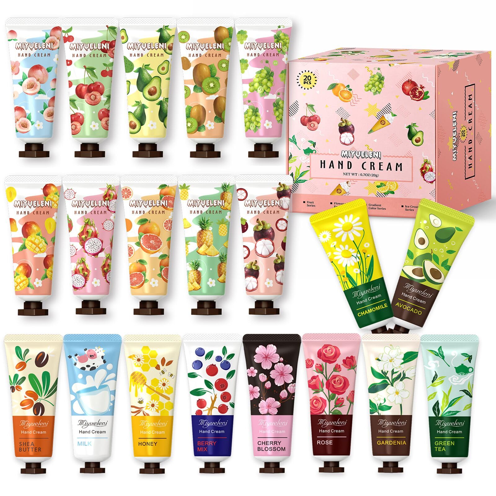 MIYUELENI front packaging showing 20 tubes and scent variety benefits