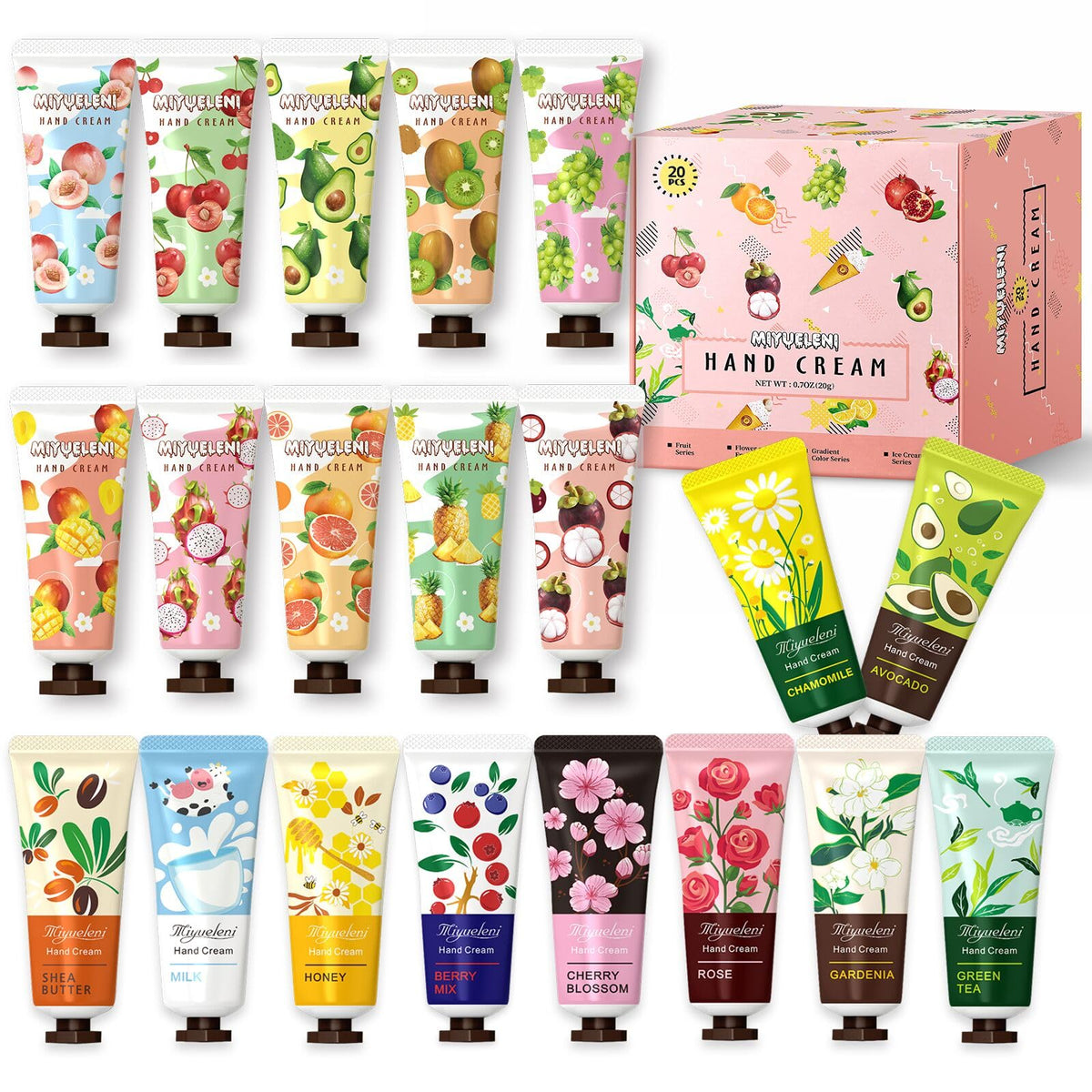 MIYUELENI front packaging showing 20 tubes and scent variety benefits
