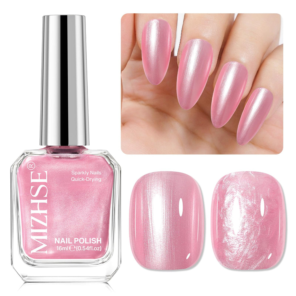 MIZHSE front bottle view showing pearlescent pink polish and clear label benefit