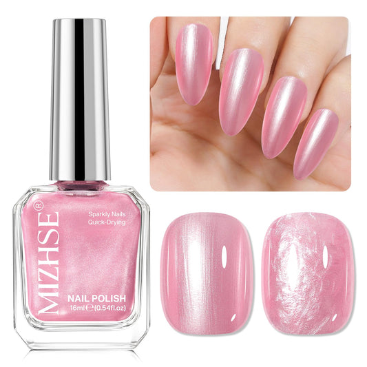 MIZHSE front bottle view showing pearlescent pink polish and clear label benefit
