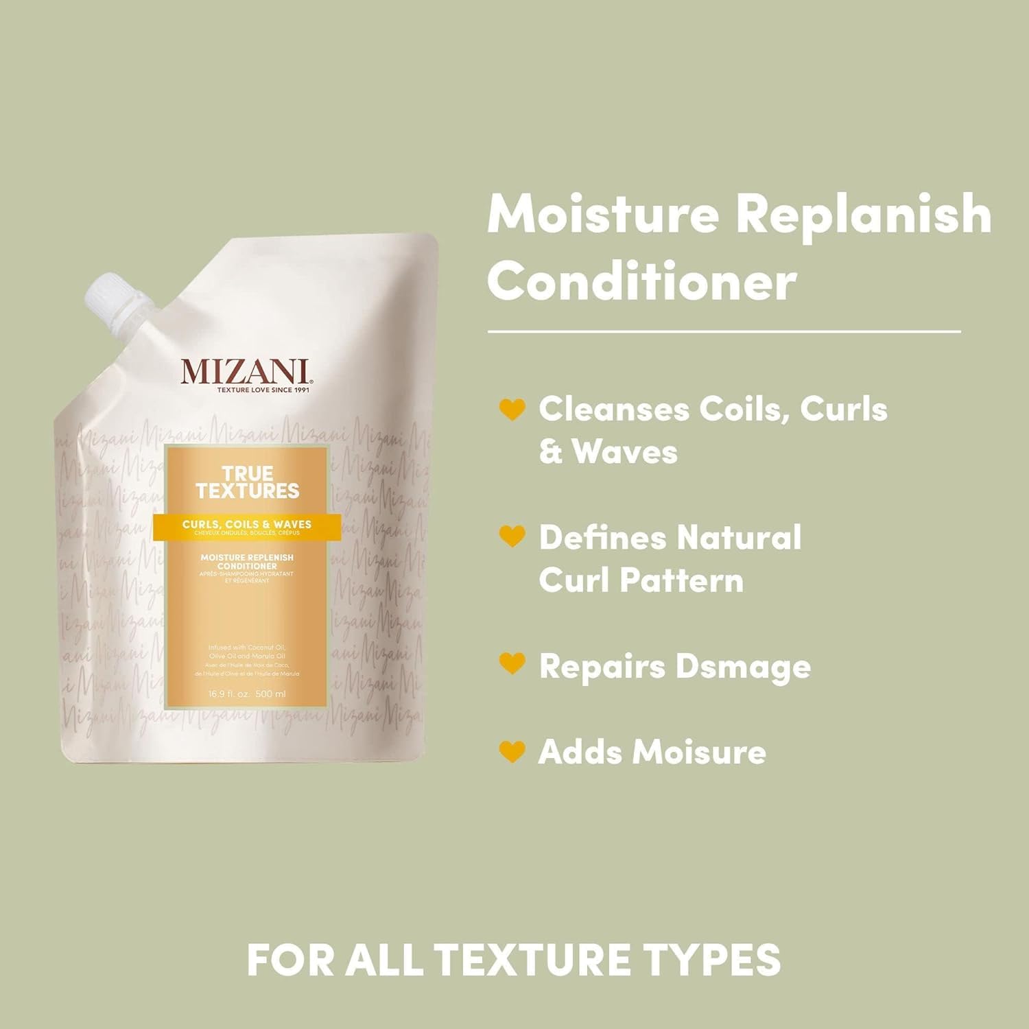 Mizani label close-up highlighting key ingredients and clean formulation benefits