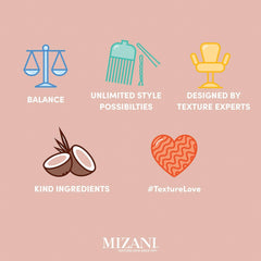 Mizani on bathroom shelf lifestyle shot showing salon-grade styling routine benefit
