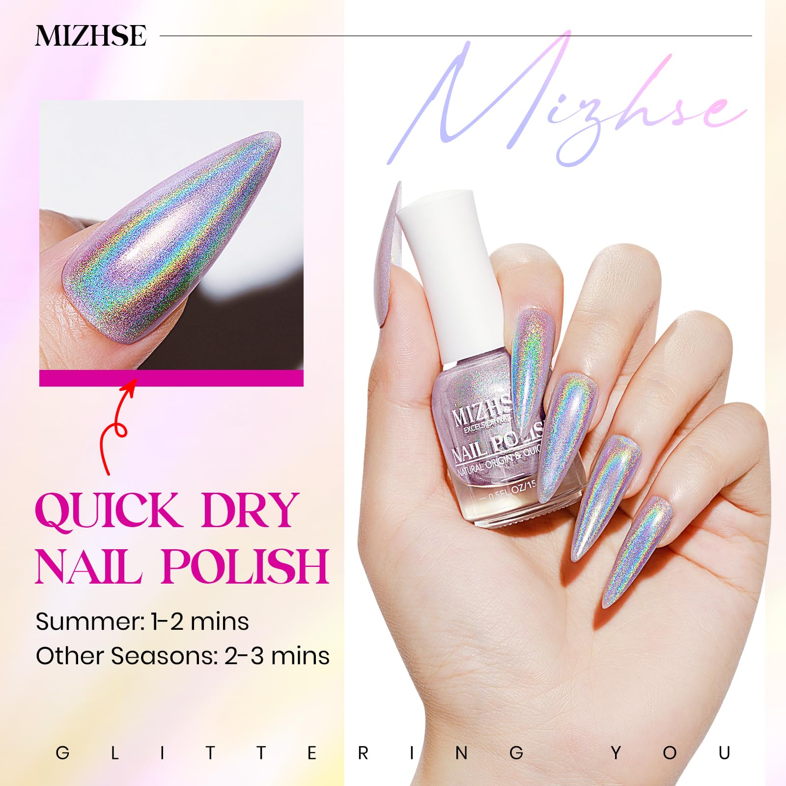 MIZHSE applied on fingers showing salon-quality glossy finish benefit