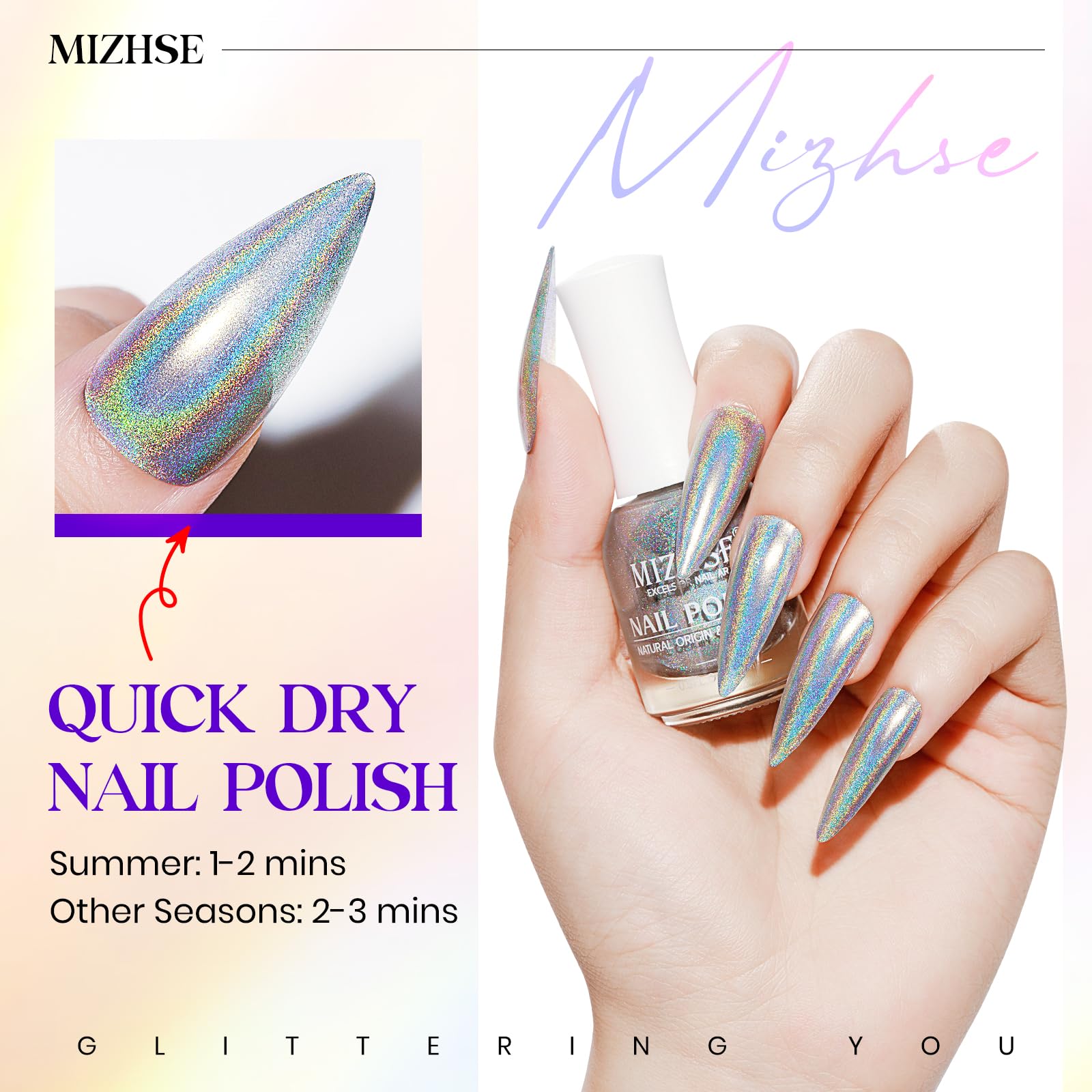 MIZHSE applied on model hand showing salon-quality glossy shine