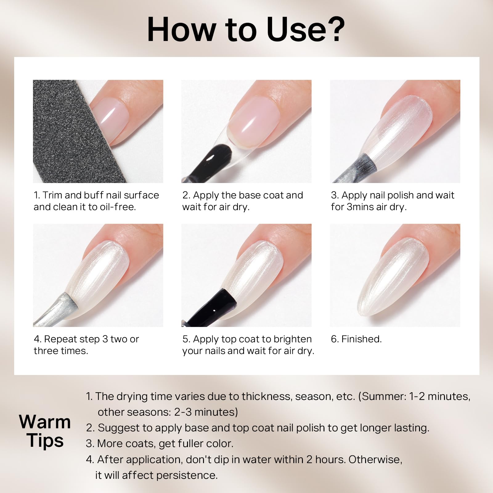 MIZHSE step-by-step application scene illustrating thin coats for longer wear