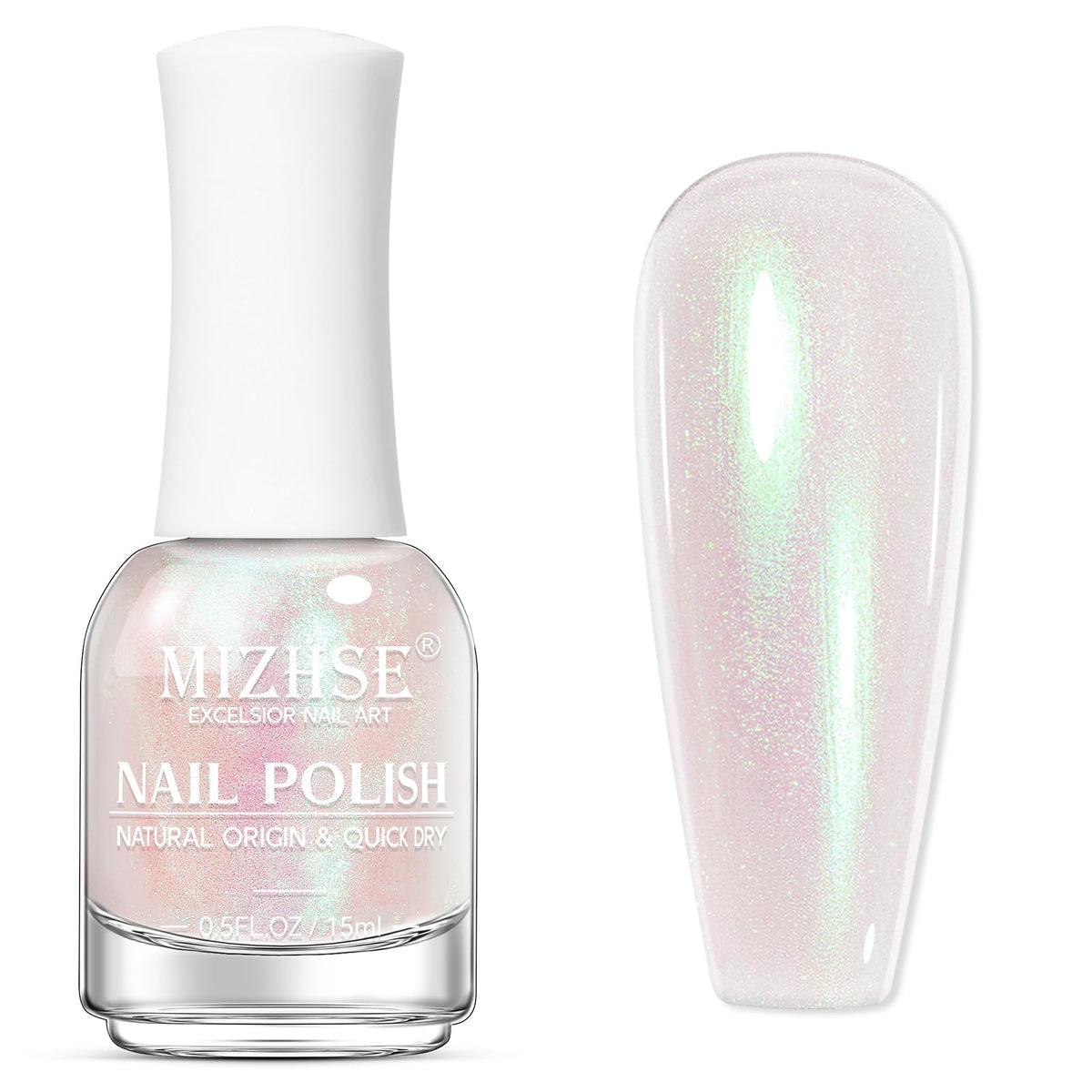 MIZHSE front bottle showing aurora pink polish and glossy finish benefit