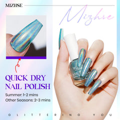 MIZHSE holographic blue on a nail tip highlighting rainbow shimmer
