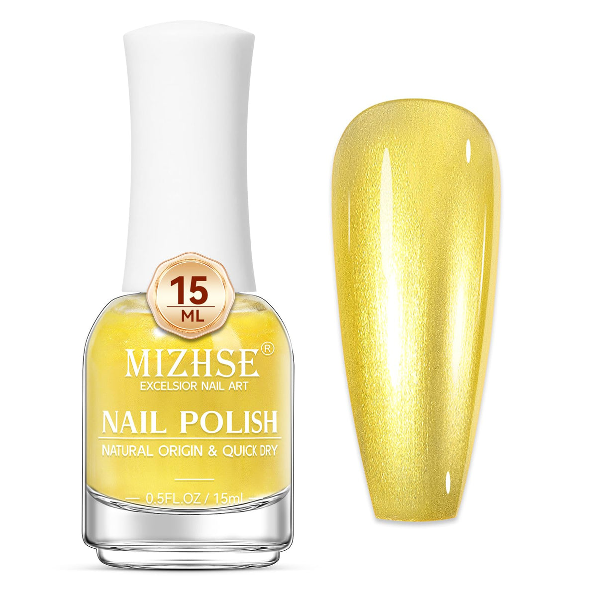 MIZHSE bottle front view showing bright yellow shade and glossy finish benefit