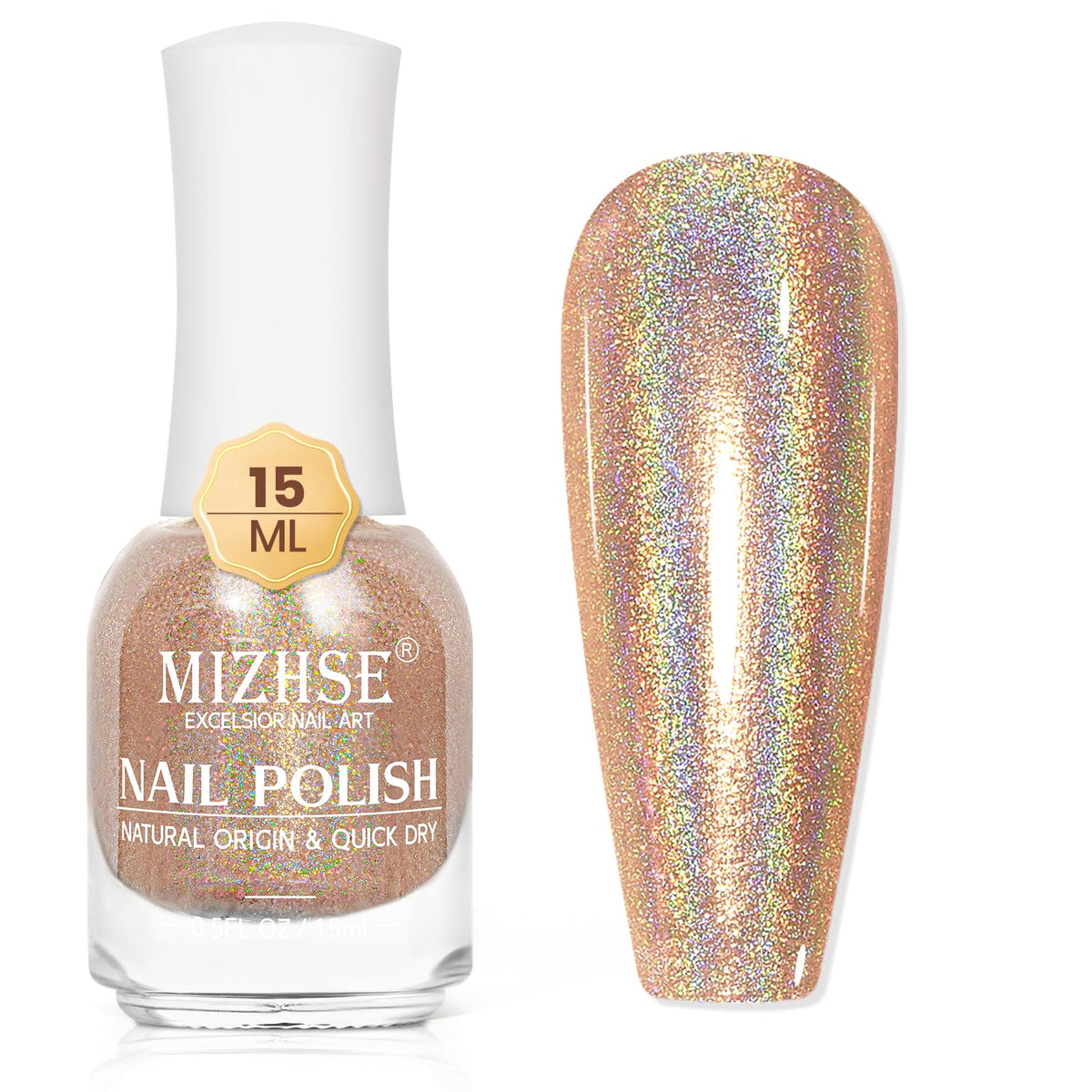 MIZHSE bottle front showing label and glossy holographic color benefit