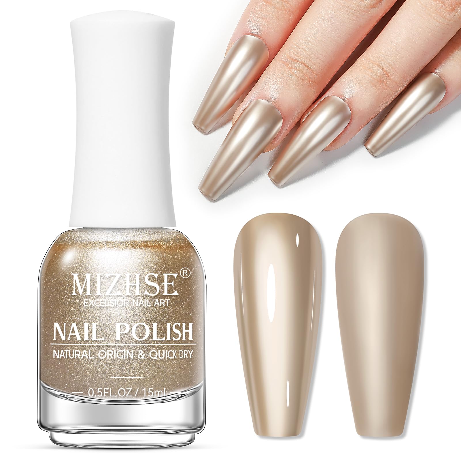 MIZHSE bottle front view showing champagne mirror polish and sleek packaging benefit