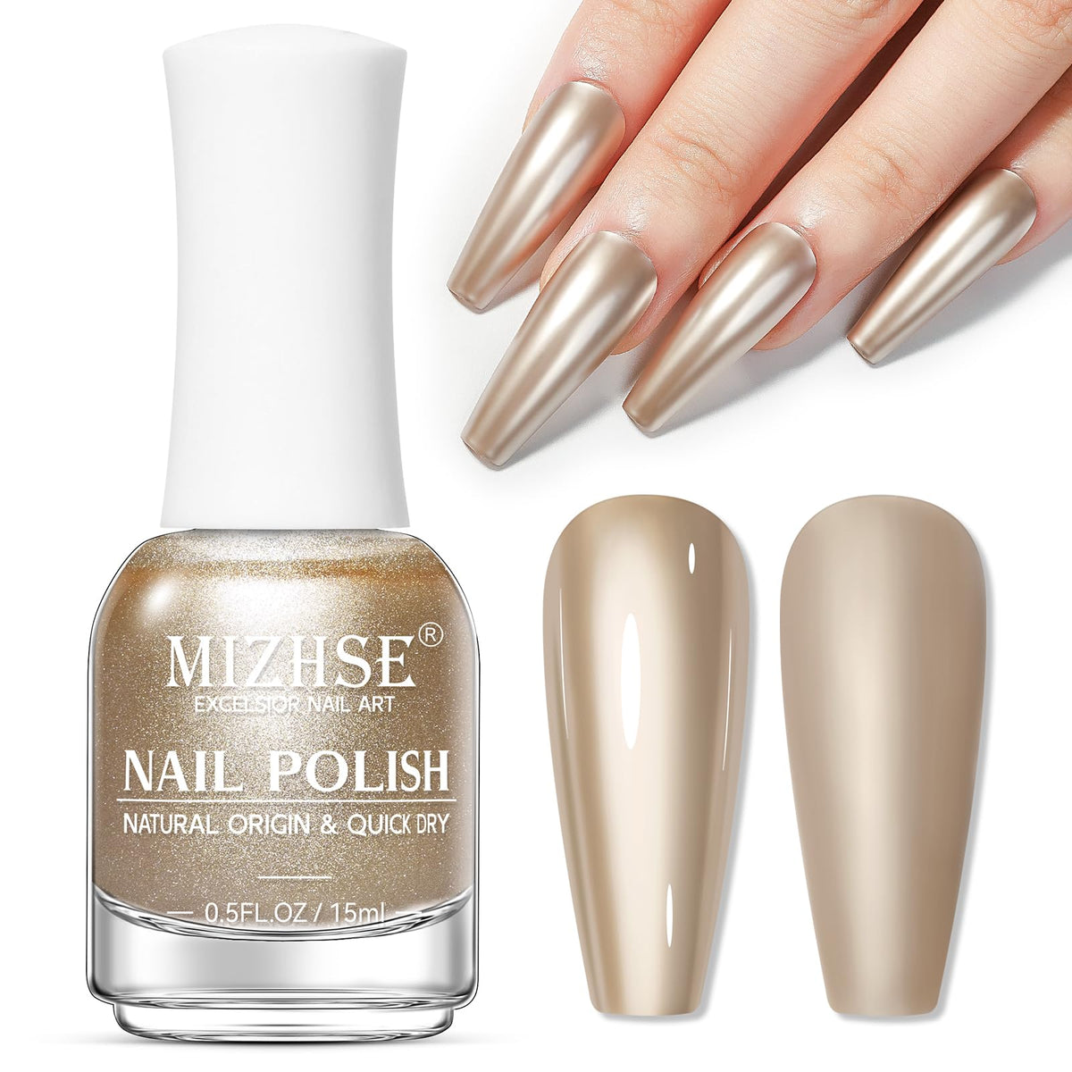 MIZHSE bottle front view showing champagne mirror polish and sleek packaging benefit