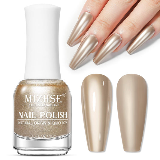 MIZHSE bottle front view showing champagne mirror polish and sleek packaging benefit