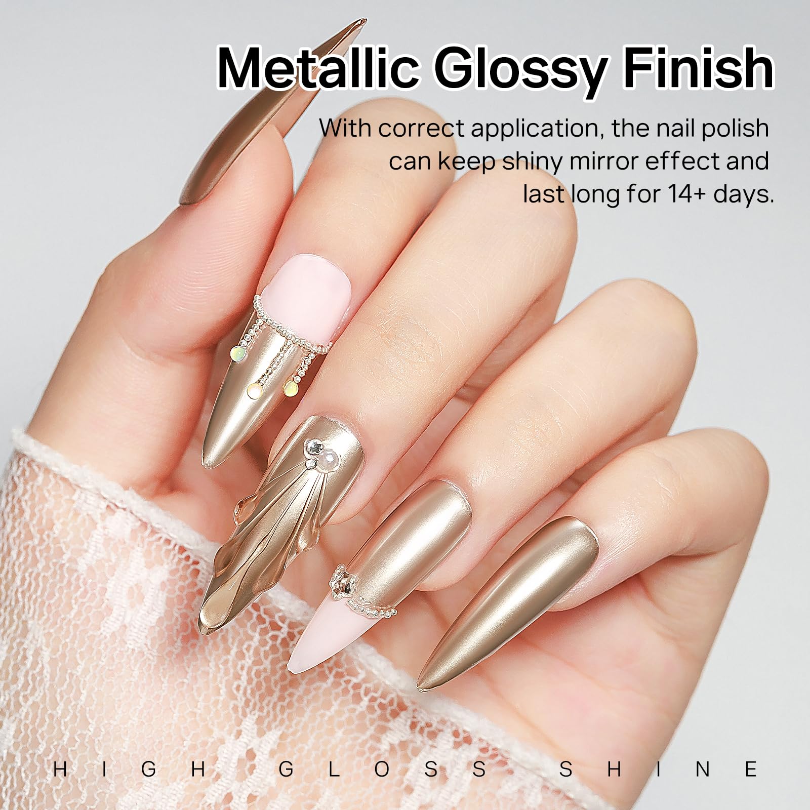 MIZHSE close-up of metallic finish revealing mirror chrome shine benefit
