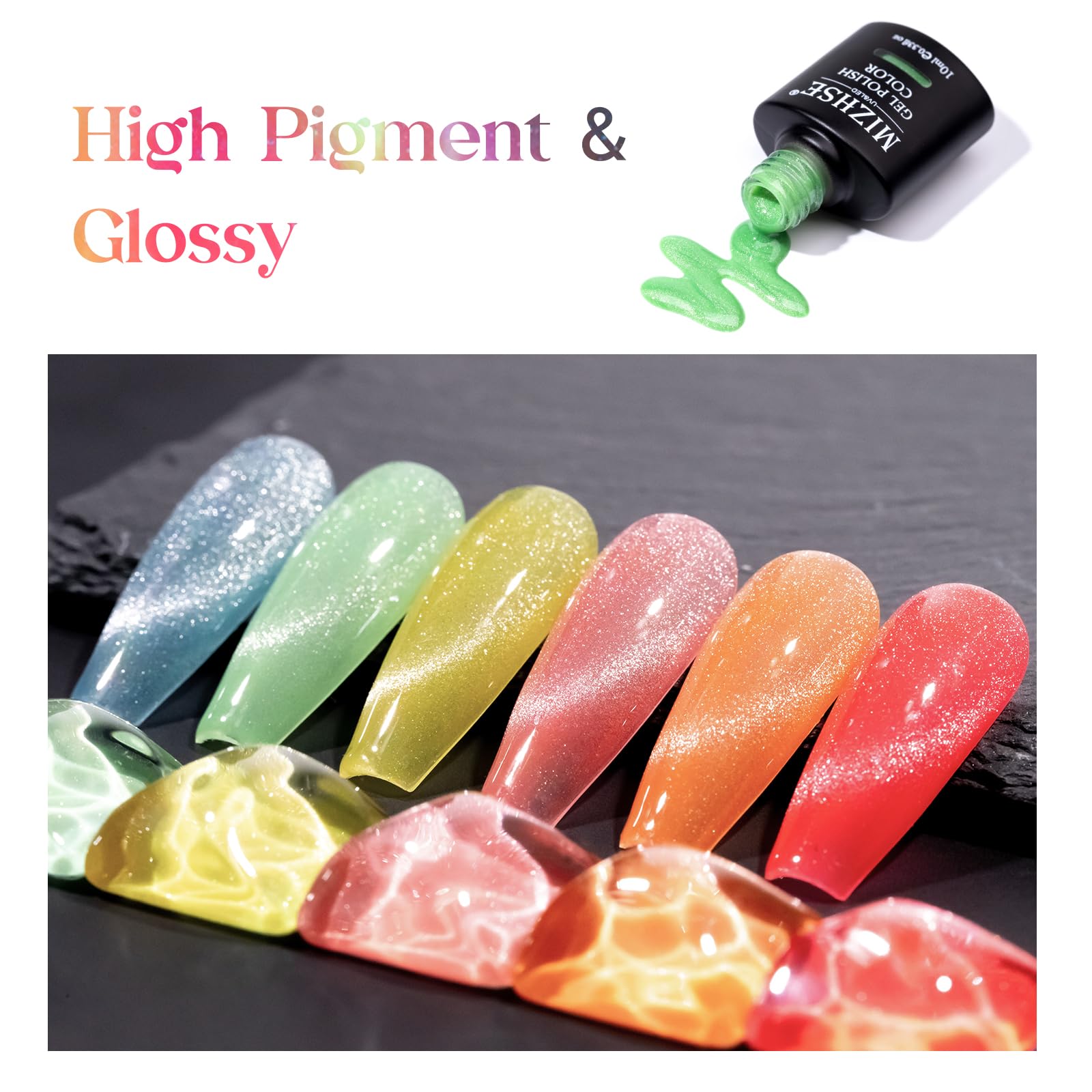 MIZHSE close-up swatch of neon green polish highlighting vivid color payoff and smooth shimmer