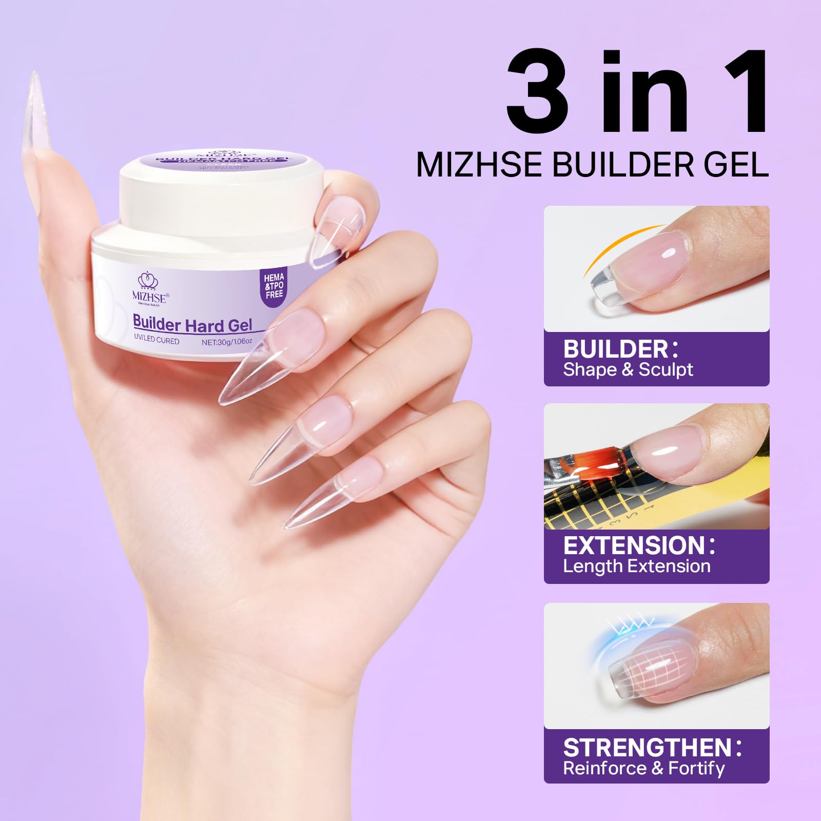 Cured clear nails with glossy finish using MIZHSE gel, long-lasting shine and protection