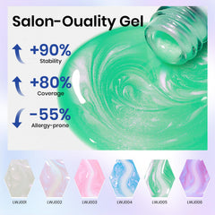 MIZHSE cured nails on hands lifestyle shot showing glossy mermaid shimmer that's salon-ready