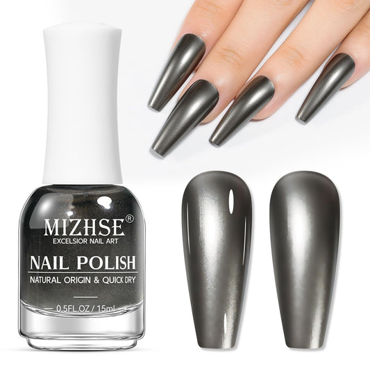 MIZHSE front bottle showcasing dark grey mirror polish and modern packaging benefit