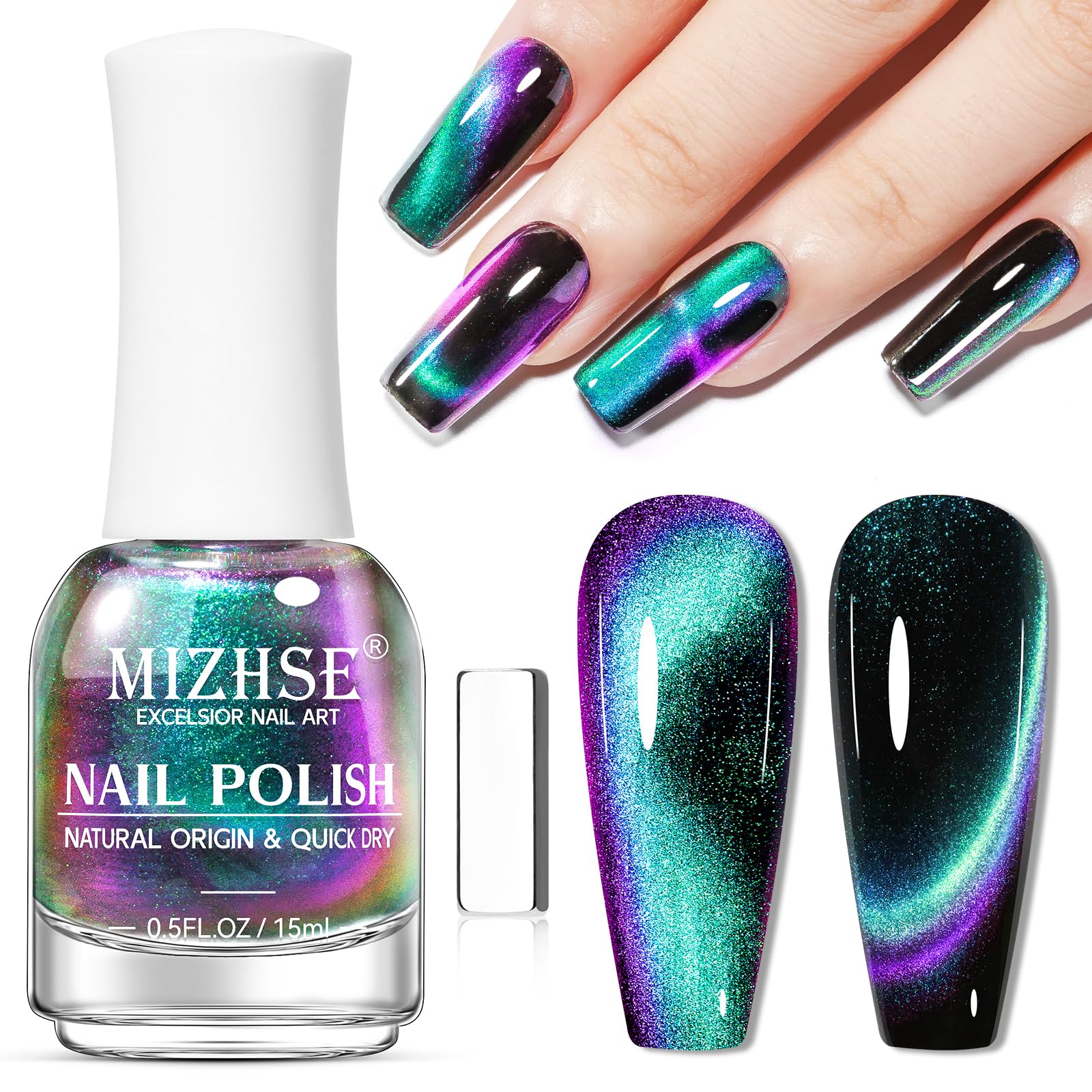 MIZHSE bottle front view showing green to purple shift and fast-dry benefit