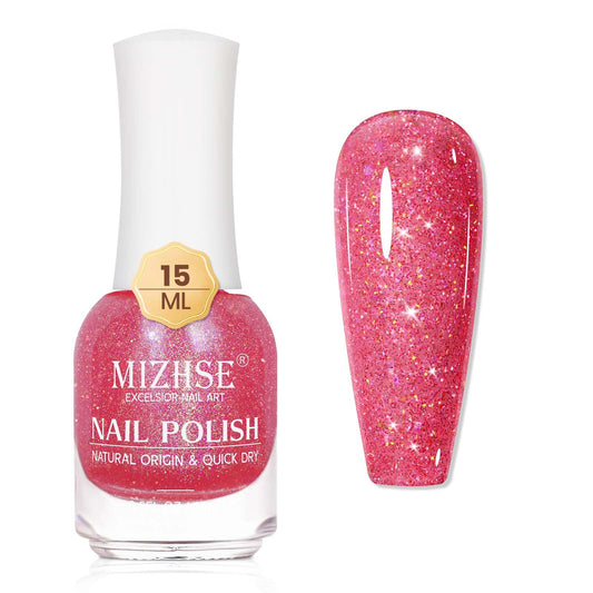 MIZHSE front bottle showing shimmery hot pink polish and glossy finish