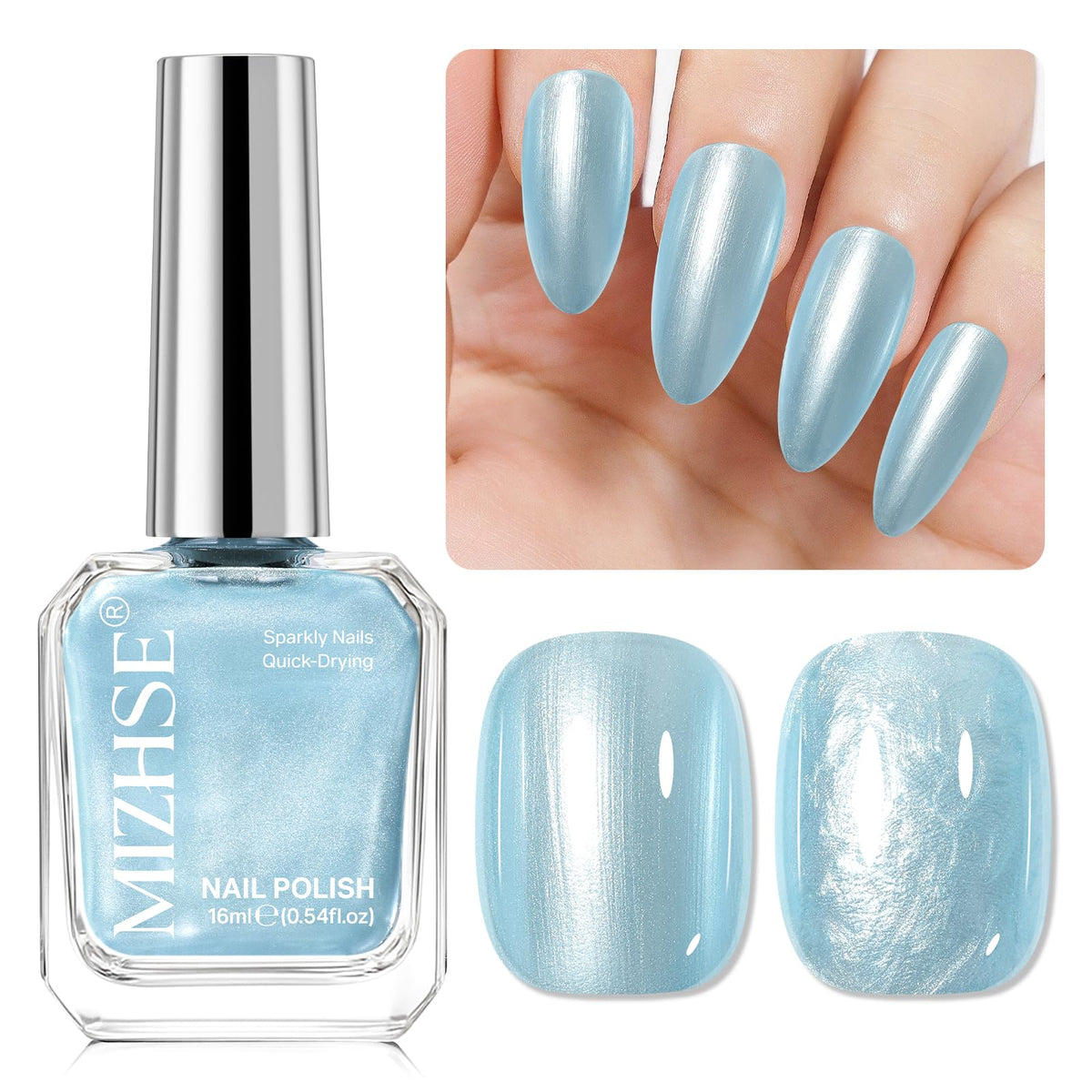 MIZHSE front bottle showing pearl blue shade and glossy finish