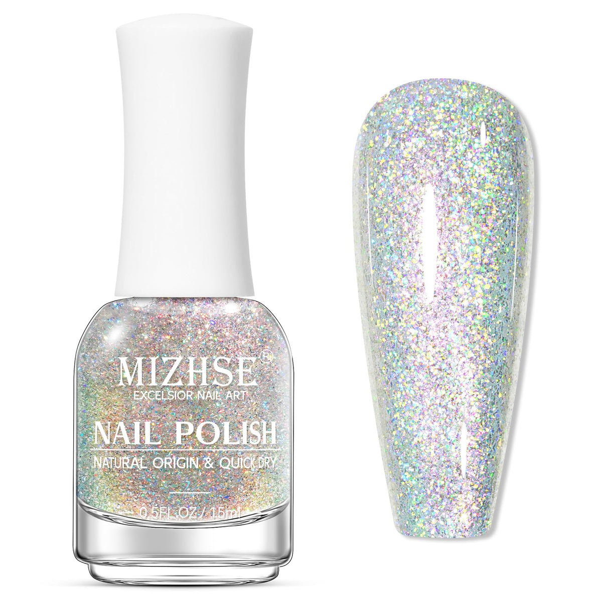 MIZHSE bottle front view showing rainbow glitter and glossy finish benefit