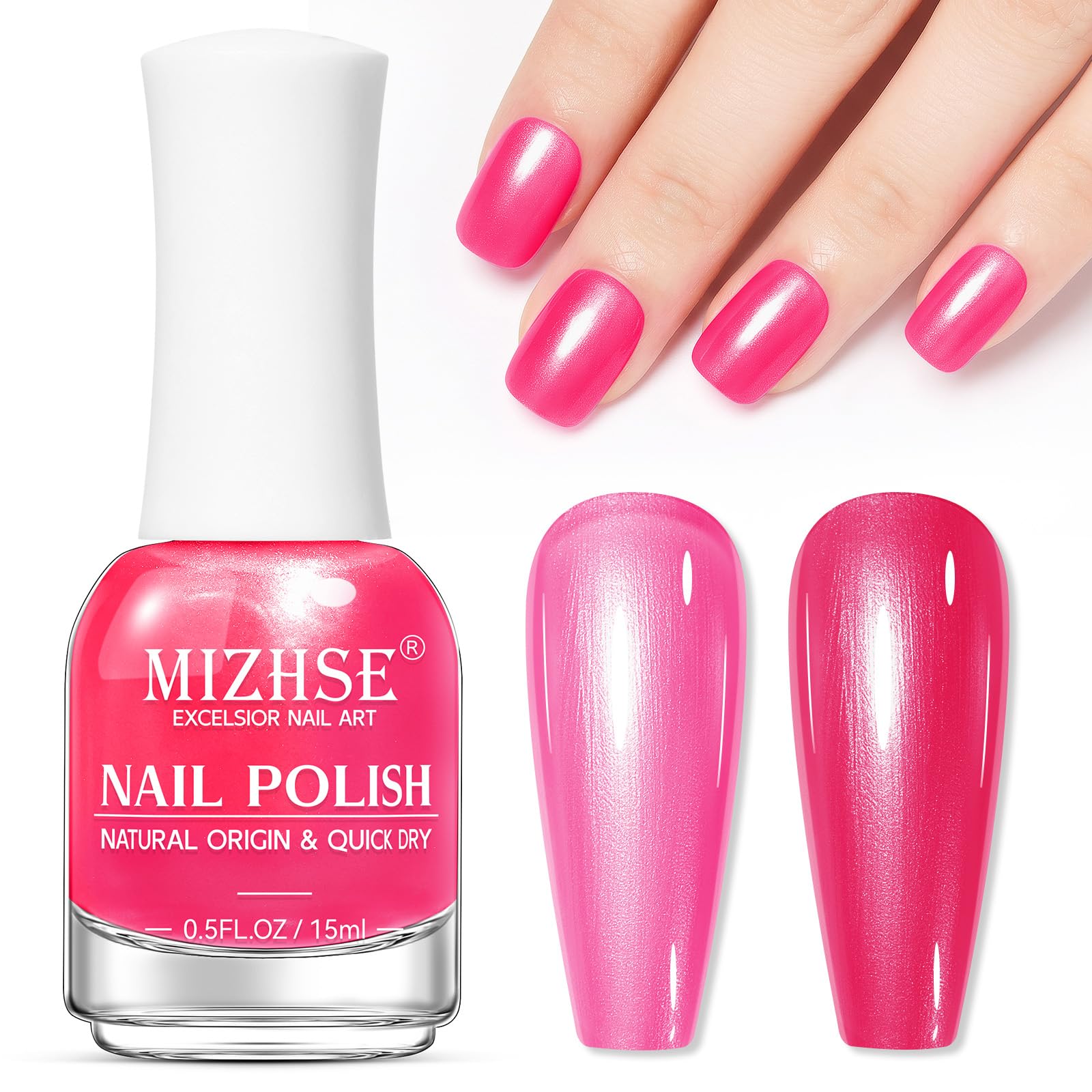 MIZHSE bottle front view showing rose red shimmer finish and quick-dry benefit