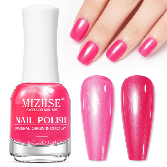 MIZHSE bottle front view showing rose red shimmer finish and quick-dry benefit