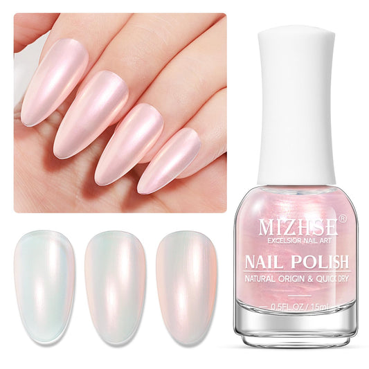 MIZHSE front bottle showing pink aurora finish and compact travel size benefit