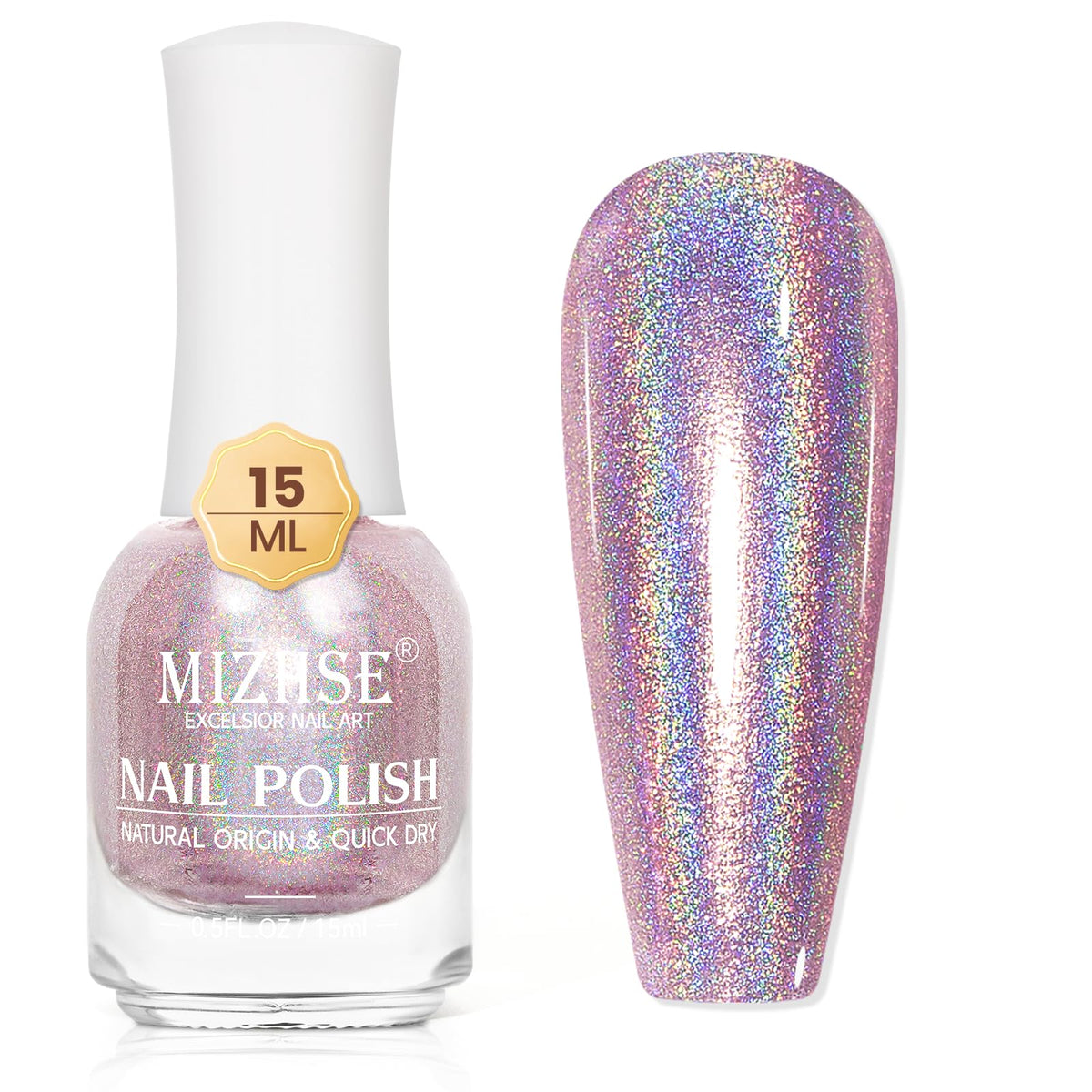 MIZHSE front bottle showing holographic purple polish and easy recognition benefit