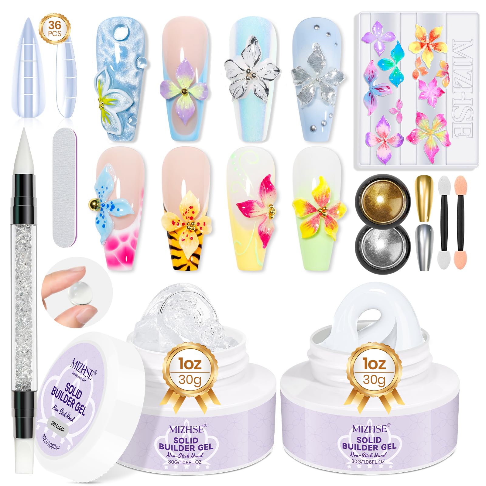 MIZHSE kit front layout showing all included tools and gels for easy setup