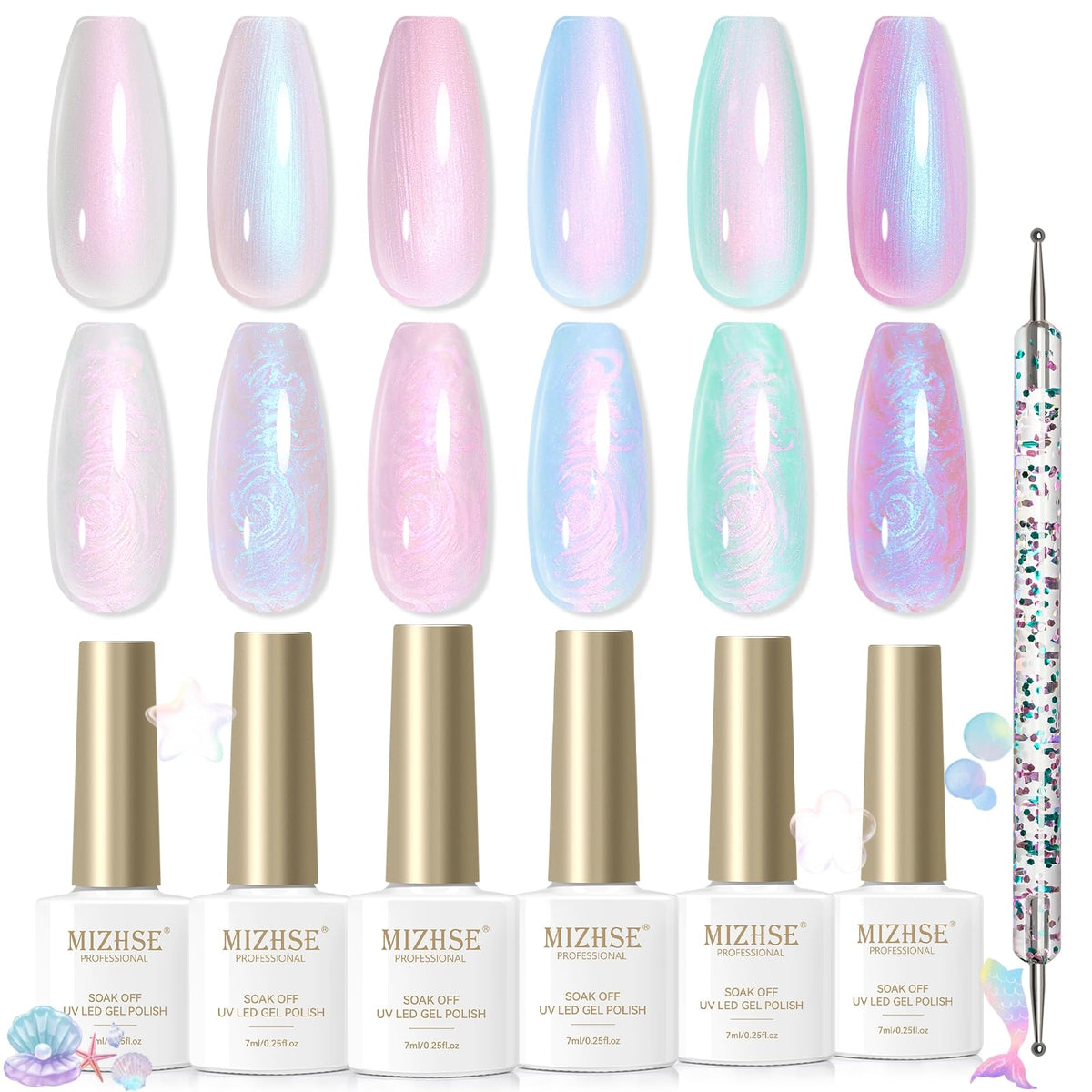 MIZHSE front packaging showing six iridescent gel bottles highlighting variety and instant inspiration