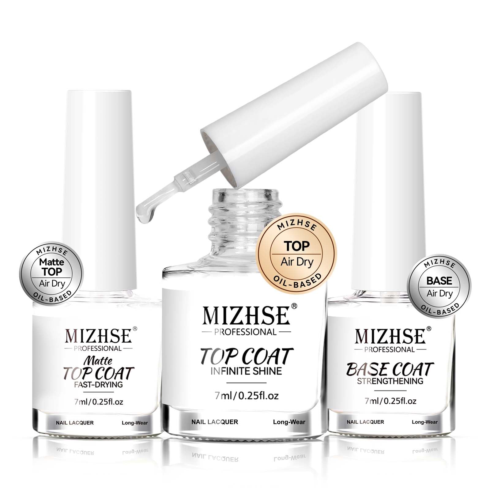 MIZHSE front packaging showing clear base and top coat for quick protection