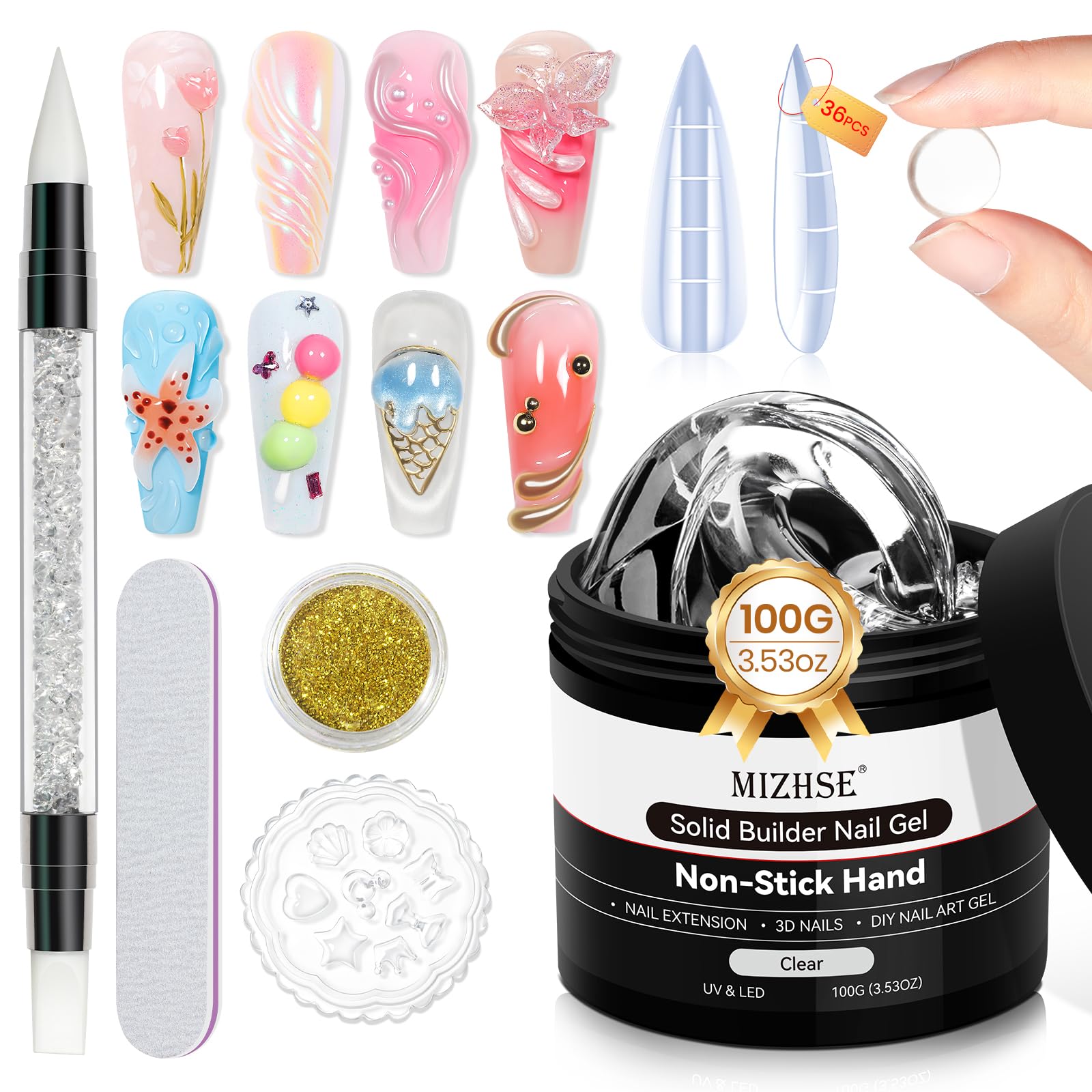 MIZHSE front packaging showing 100g clear builder gel and included accessories for durable extensions