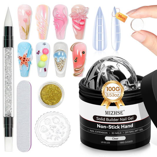 MIZHSE front packaging showing 100g clear builder gel and included accessories for durable extensions