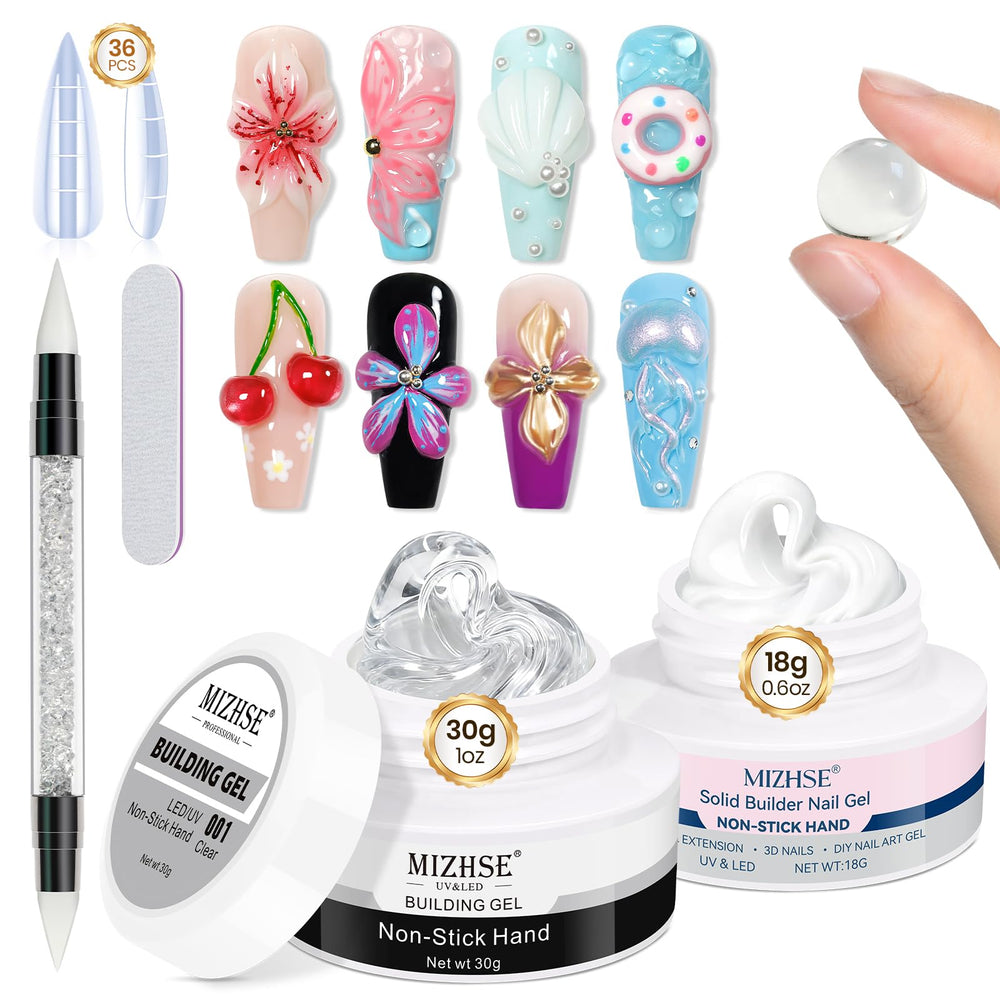 MIZHSE front packaging showing clear and white gels and benefits for easy sculpting