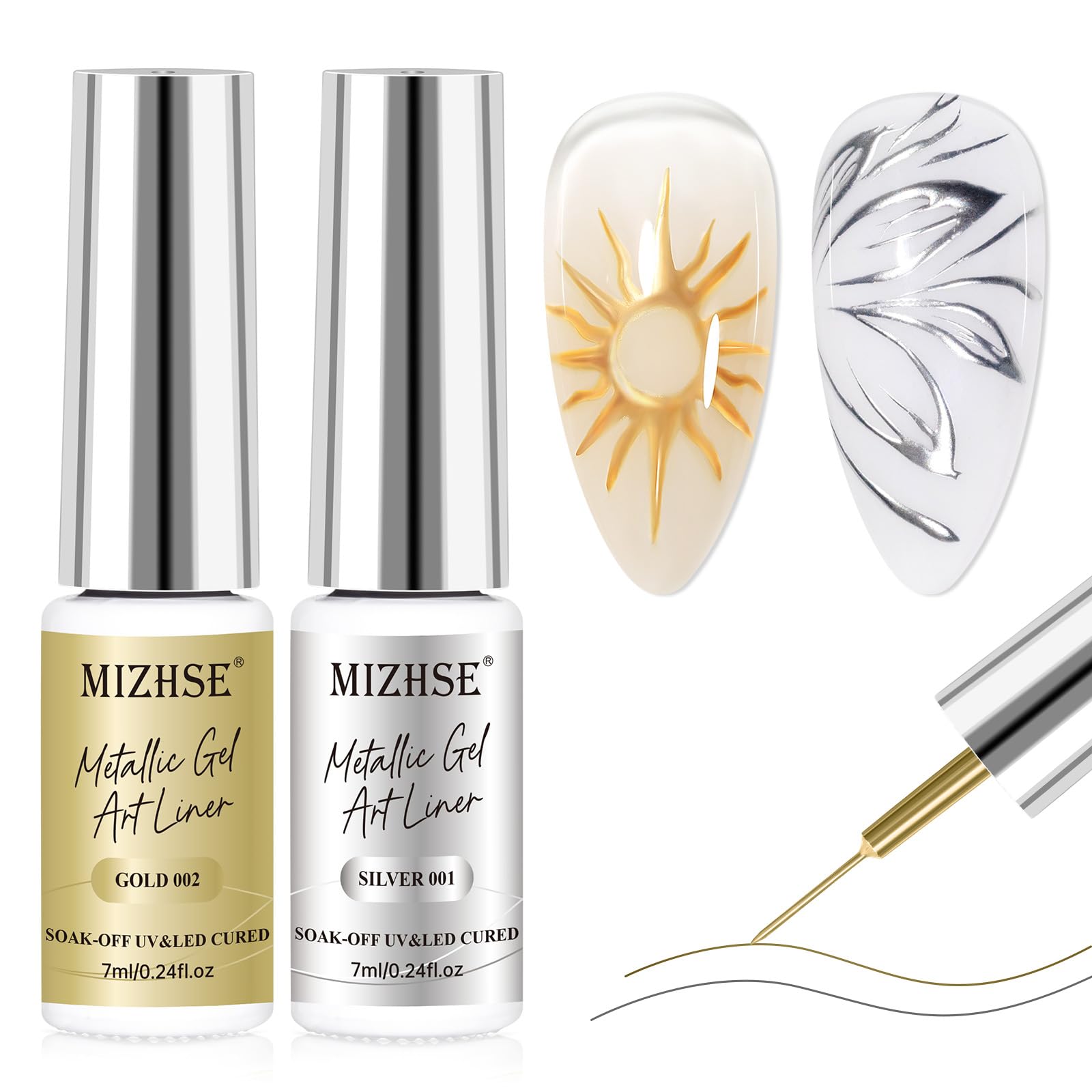 MIZHSE front packaging showing gold and silver liners with product benefit of mirror shine