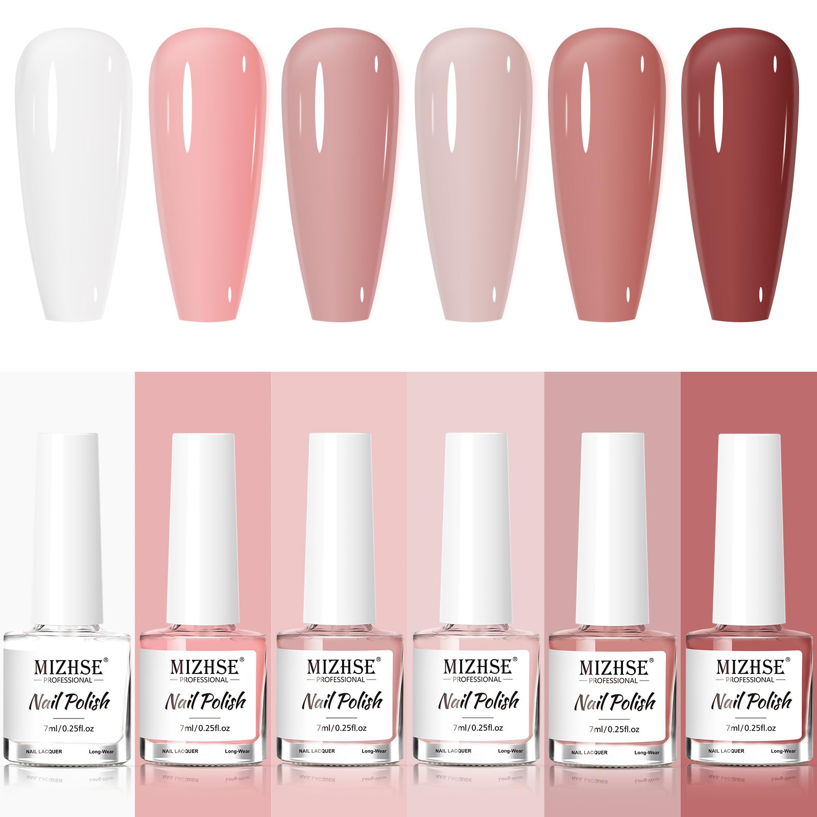 MIZHSE front packaging showing six nude shades and quick-dry benefit