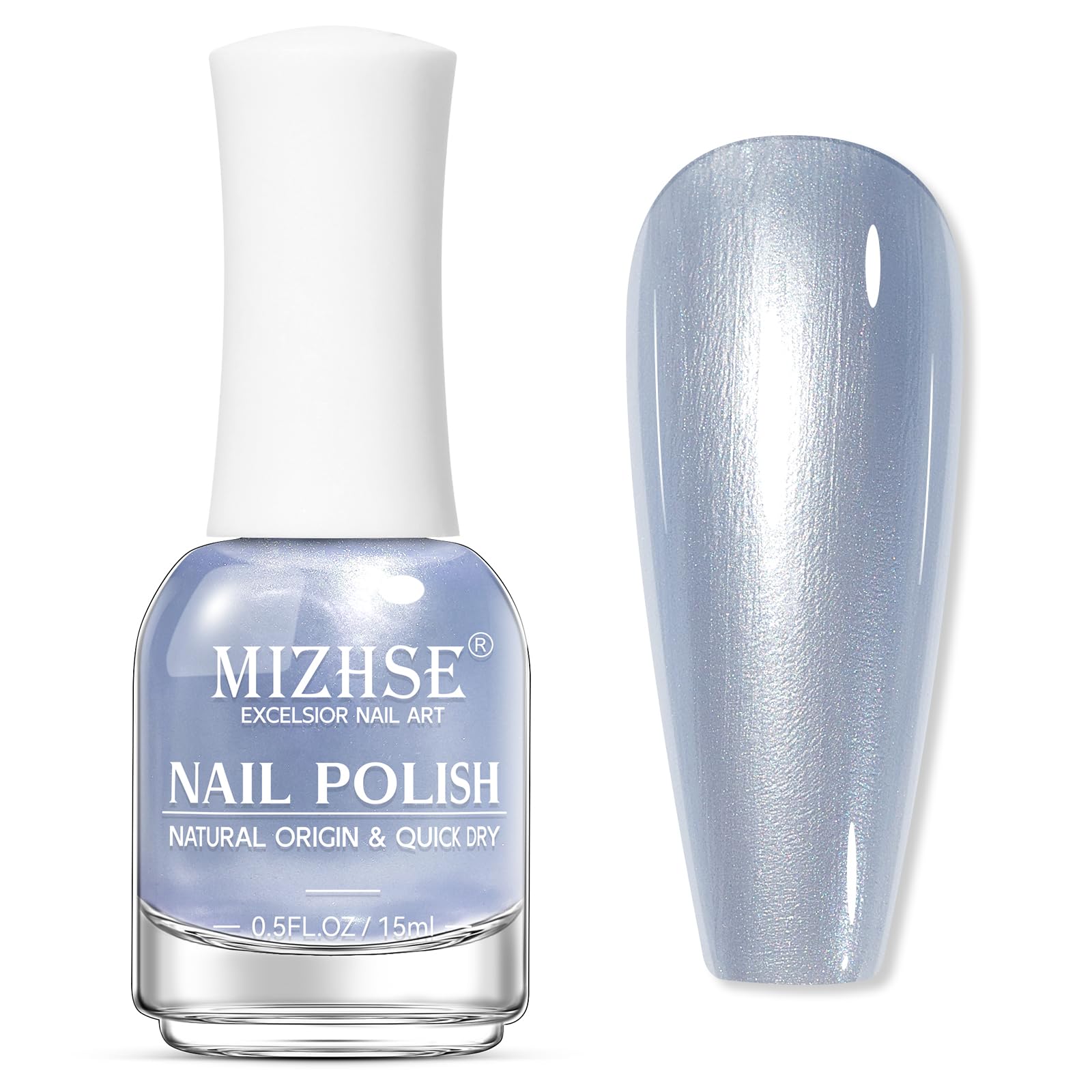 MIZHSE bottle front packaging showing pearlescent blue shade and brand benefit