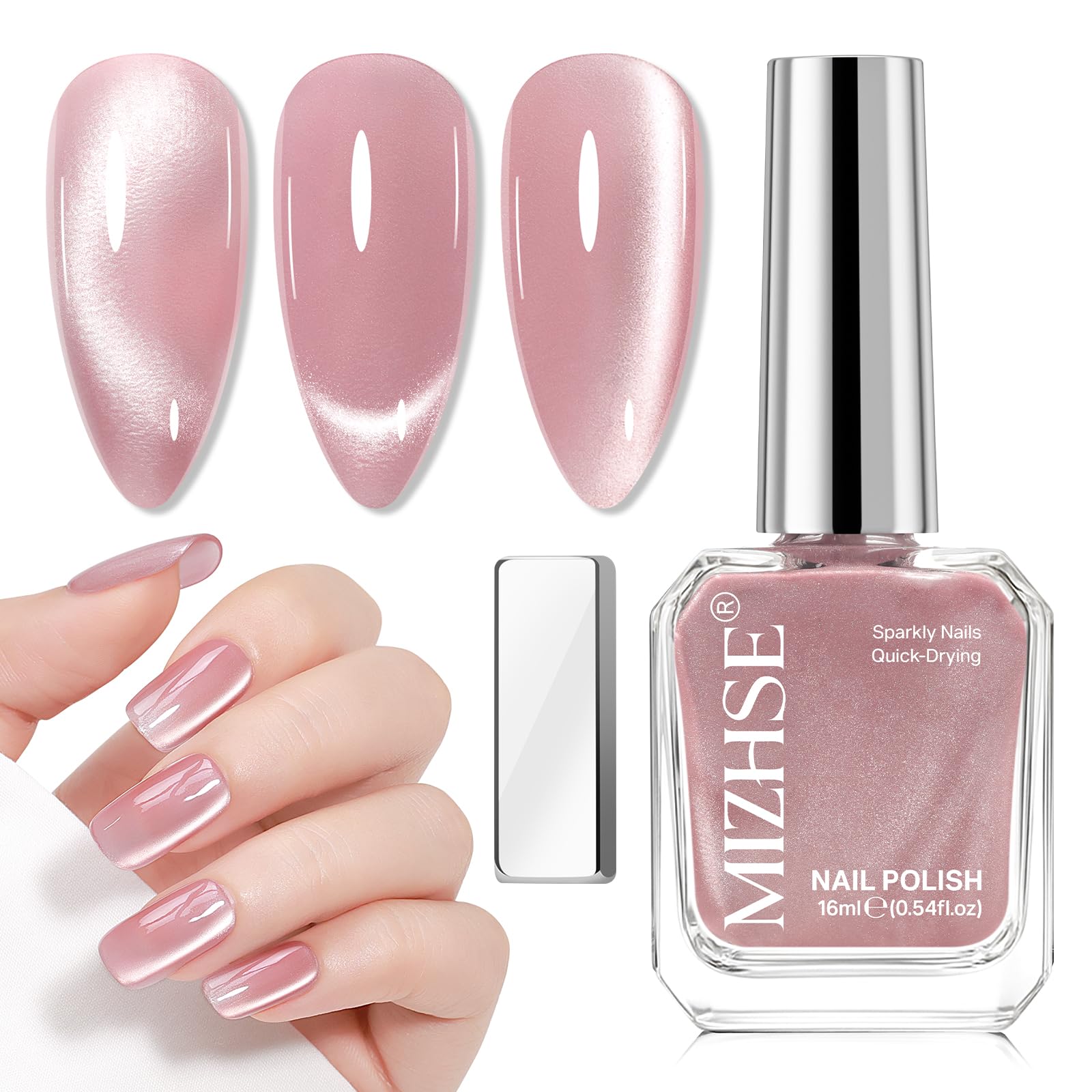 MIZHSE front packaging showing pink cat eye polish and benefits