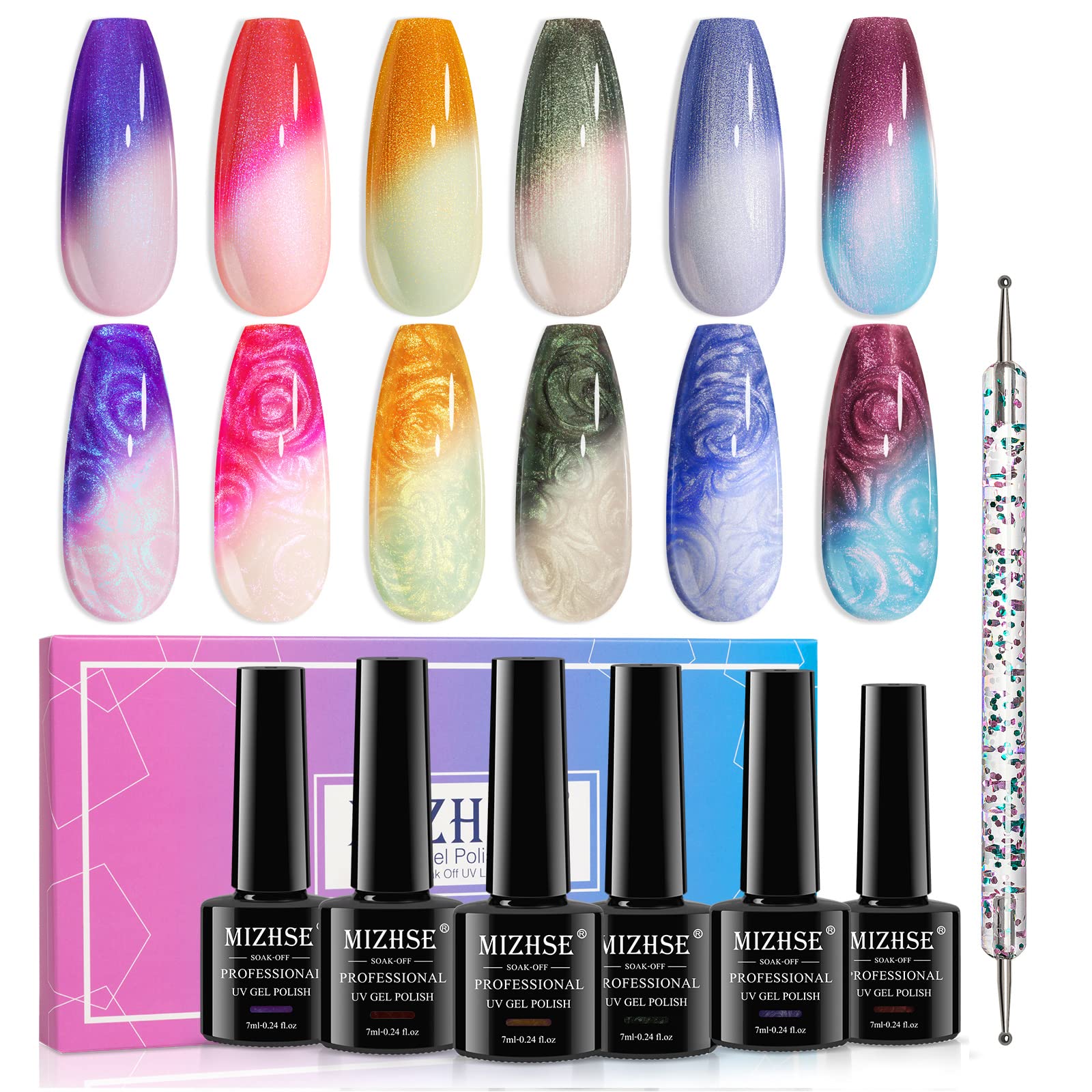 MIZHSE front packaging showing six color-changing bottles and set contents benefit: clear overview