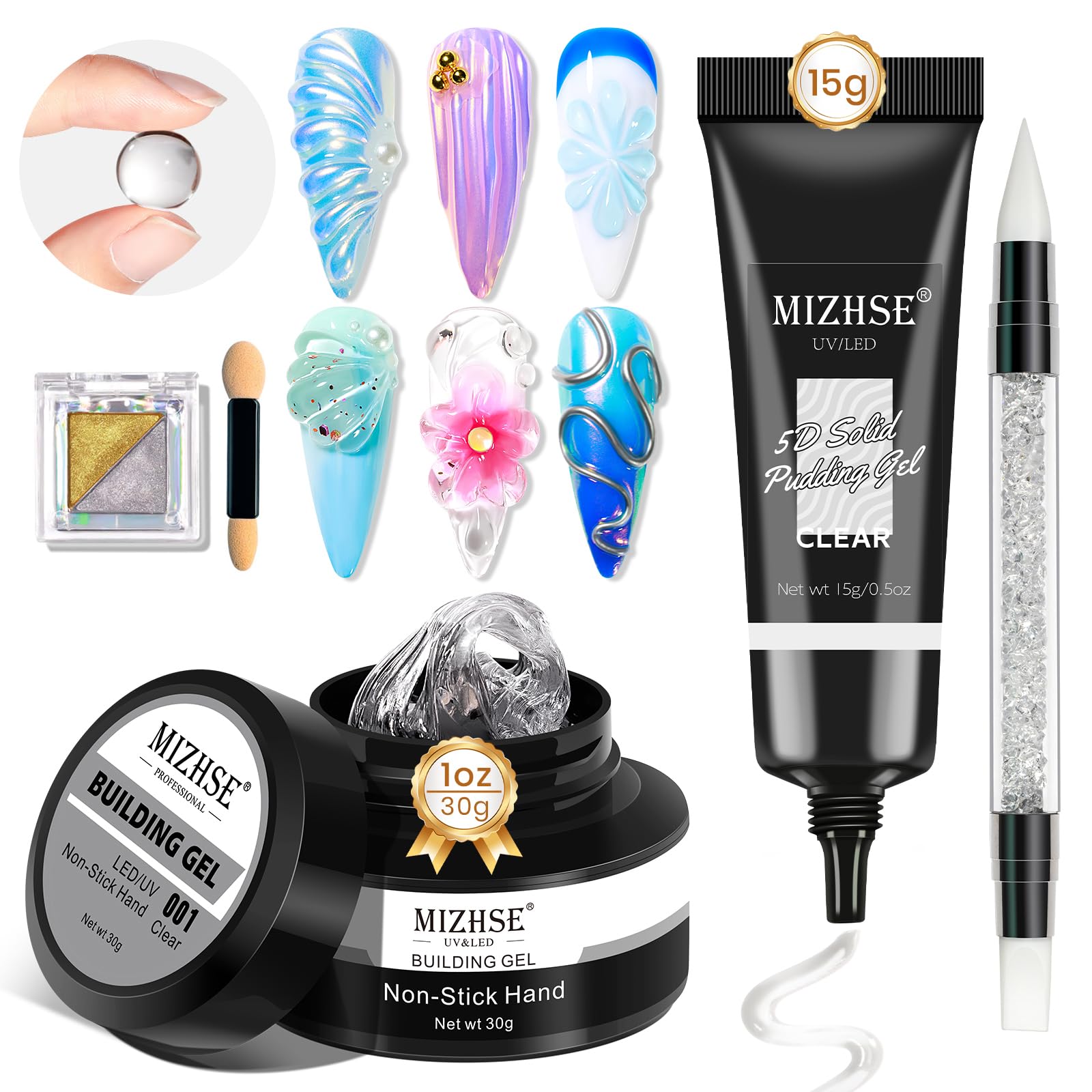 MIZHSE front packaging showing full 3D gel nail kit and contents for easy setup