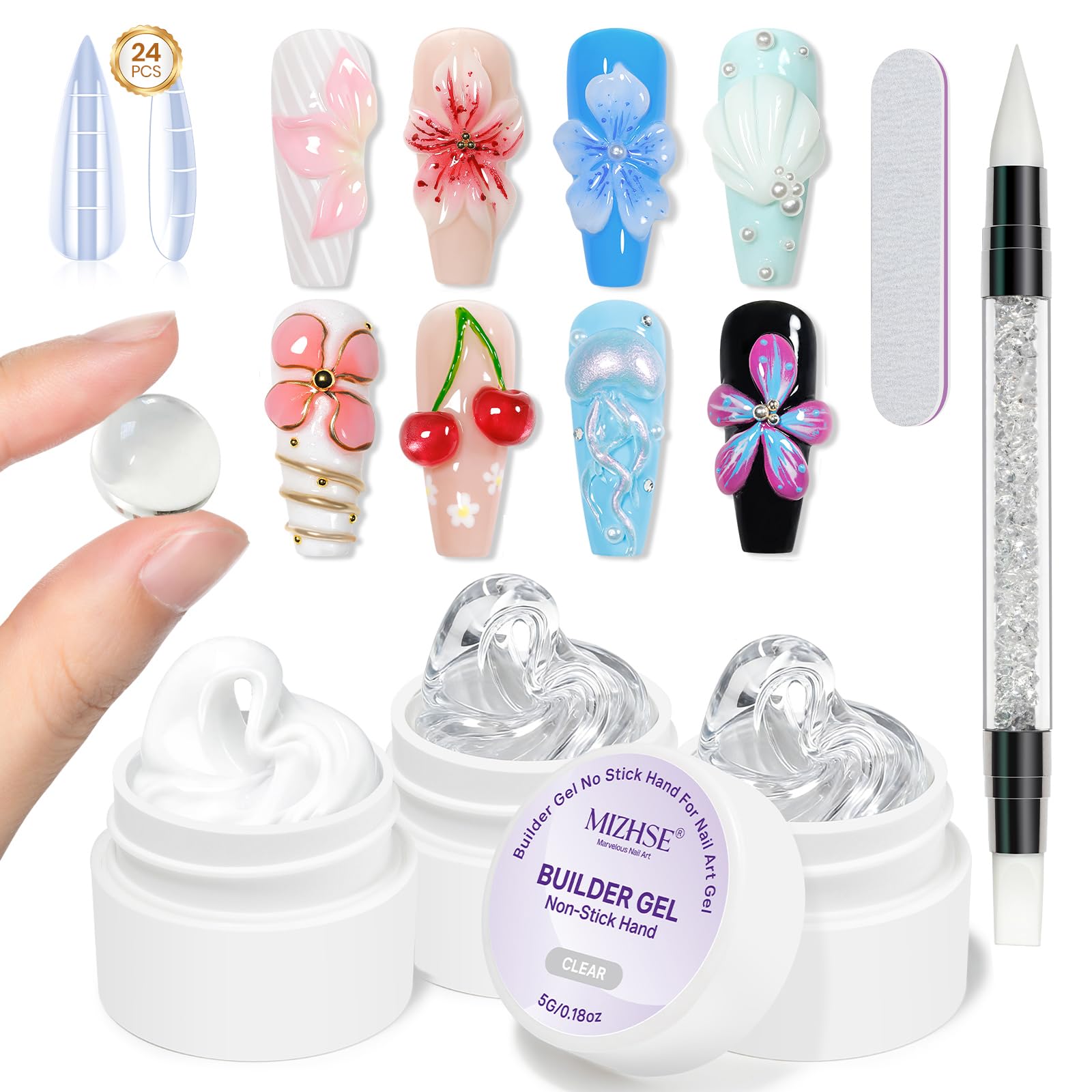 MIZHSE front packaging showing compact solid builder gel kit benefits